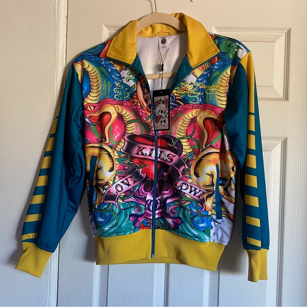 ED HARDY COLLAGE ALL OVER DESIGN TRACK JACKET *NWT*